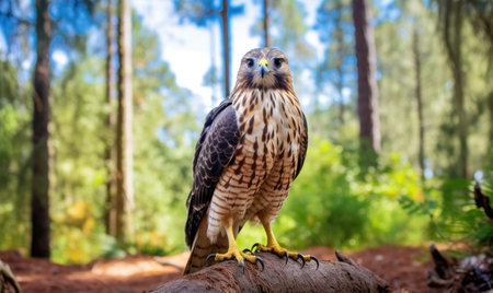 A bird of prey sitting on a log in the woodsの素材