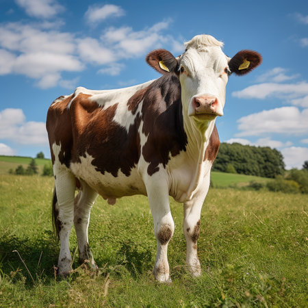 A brown and white cow standing on a lush green fieldの素材