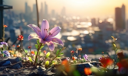 A purple flower sitting on top of a lush green fieldの素材