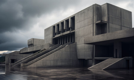 A concrete building with stairs leading up to itの素材