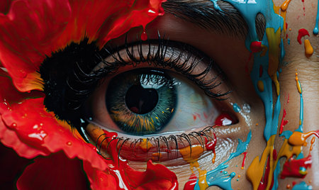 A painting of a woman's face with blue eyes and red flowersの素材