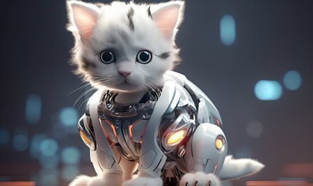 A cat with big blue eyes standing in a field of flowersの素材