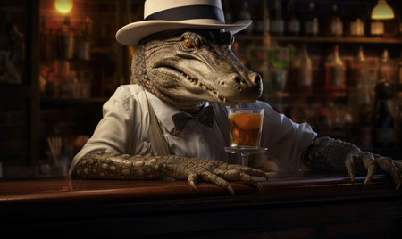 A crocodile wearing a top hat and holding a drinkの素材