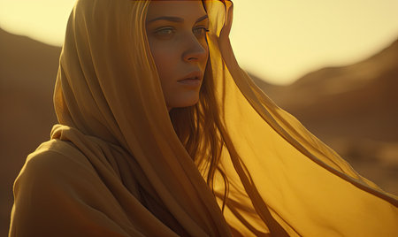 A woman with a scarf around her head in the desertの素材