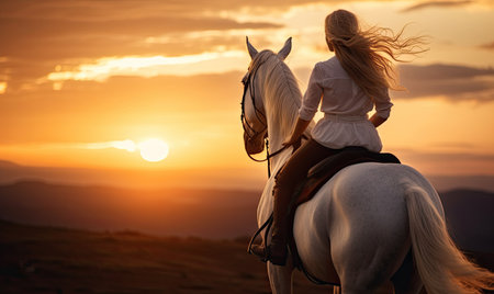 A woman riding on the back of a white horseの素材