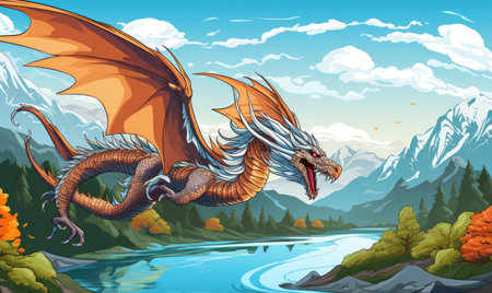 A dragon is sitting on a rock near a mountain lakeの素材