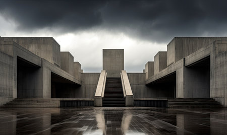 A concrete building with stairs leading up to itの素材