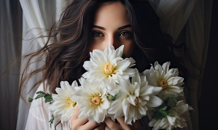 The flowers accentuate the natural beauty of the woman in the portrait, creating a mesmerizing composition. designeの素材