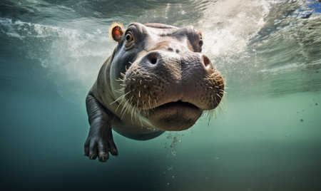 Explore the hidden world beneath the surface with an underwater photograph of a majestic hippopotamus.の素材