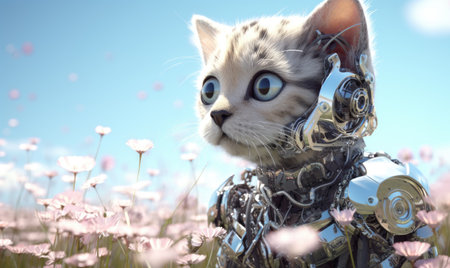 A cat with big blue eyes standing in a field of flowersの素材