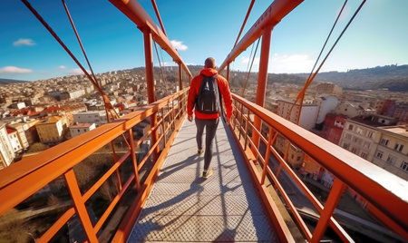 With each step, they bravely walked across the narrow and treacherous footbridge suspended high above the bustling city below.   designeの素材