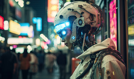 A man wearing a helmet with a light on his faceの素材