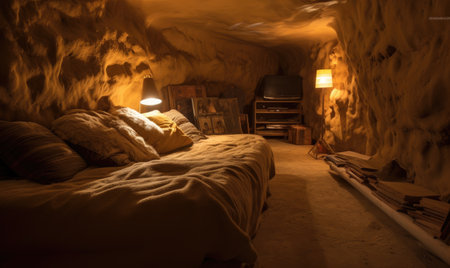 A bedroom with a bed and a lamp in itの素材