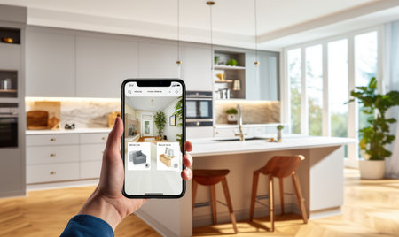 A woman standing at a kitchen counter looking at a cell phoneの素材