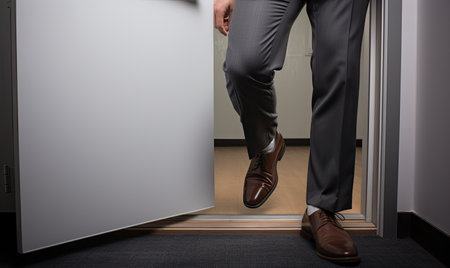 A man in a suit standing in front of a doorの素材