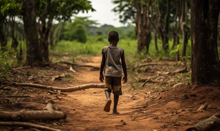 A person walking down a dirt road in the woodsの素材