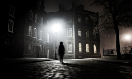 A person walking down a sidewalk in the fogの素材
