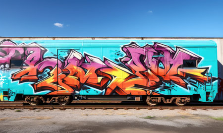 A train covered in lots of graffiti next to a buildingの素材