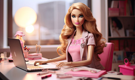 A barbie doll sitting at a desk with a laptopの素材