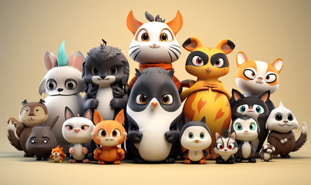 A group of animated animals standing next to each otherの素材