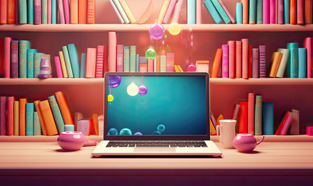 A laptop computer sitting on top of a wooden deskの素材