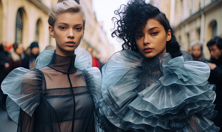Three women in orange outfits are walking down the streetの素材