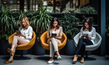 Three women sitting in chairs using their phonesの素材