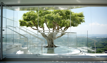 A tree inside of a glass walled buildingの素材