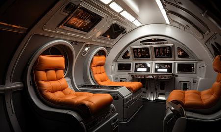 The inside of a space shuttle with many seatsの素材