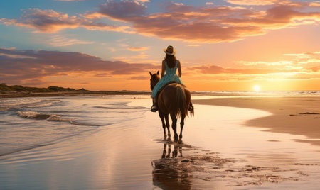 A woman riding a horse on the beach at sunsetの素材