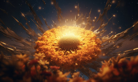 A large sunflower surrounded by many smaller onesの素材