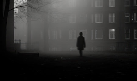 A person walking down a street in the fogの素材
