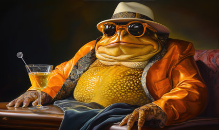A painting of a frog wearing a hat and sunglassesの素材