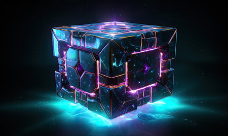 An eye-catching image of cubic shapes exuding a mesmerizing neon glow, the interplay of light and shadow adding depth and dimension to the scene.の素材