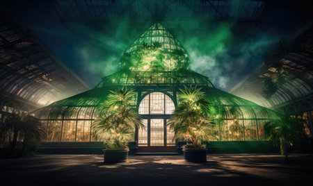 A glass house with plants growing inside of itの素材