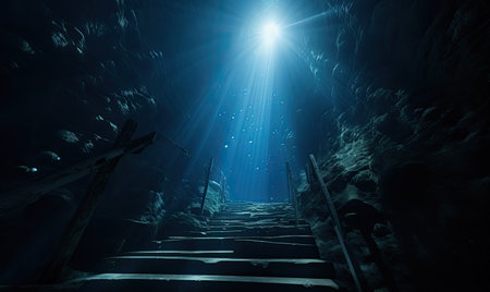The stairs descended into the depths of the water, creating an eerie and mysterious atmosphere.   designeの素材
