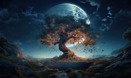 A tree in the middle of a field with a moon in the backgroundの素材
