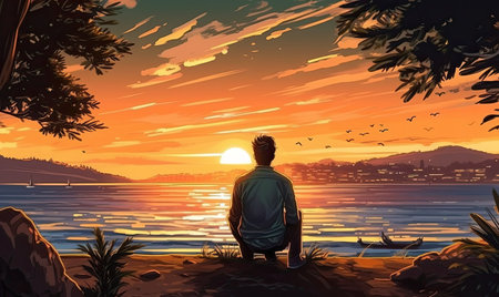 A man sitting on a hill looking at the sunsetの素材