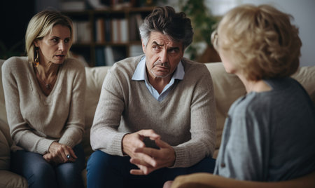 A couple of people sitting on a couchの素材