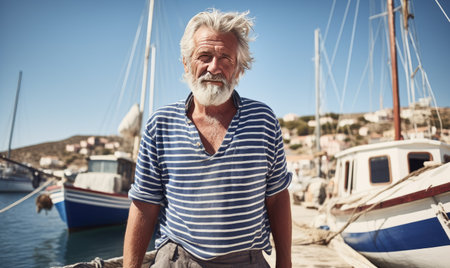 The portrait of the old sailor exudes wisdom and experience by the boat. designeの素材