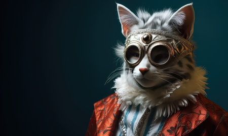 With his playful grin and mysterious eyes, the trickster in the cat mask captivates viewers in his portrait.   designeの素材