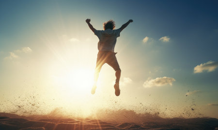 A man jumping into the air in front of the sunの素材
