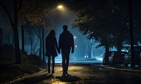 A couple strolling hand in hand under the moonlit sky.   designeの素材