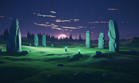 A painting of a night scene with a full moonの素材