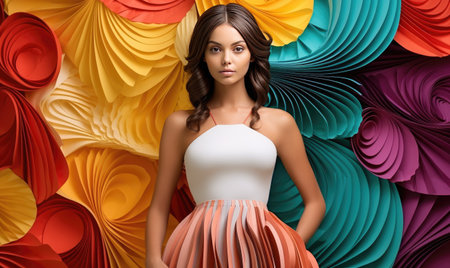 A woman standing in front of a colorful wallの素材