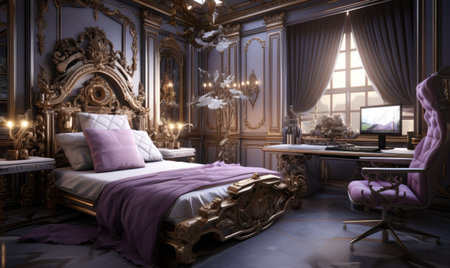 A bedroom with a bed, desk, and chair in itの素材