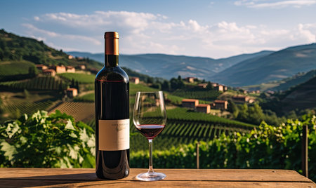 A bottle of wine and a glass of wine on a tableの素材