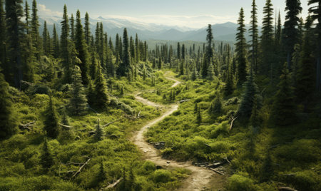 A dirt road in the middle of a forestの素材