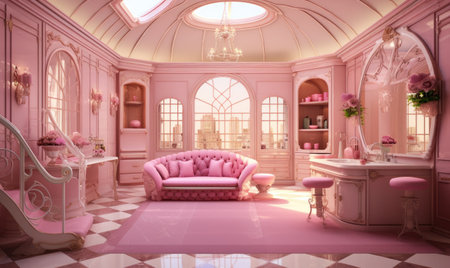 A living room with pink furniture and a chandelierの素材