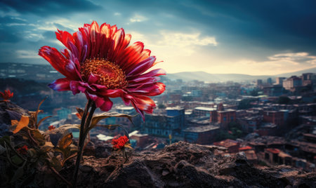 A large red flower sitting on top of a rockの素材